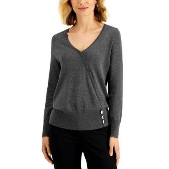JM Collections Petite Button-Embellished Sweater, Charcoal Heather, Sz. PS - Picture 1 of 12